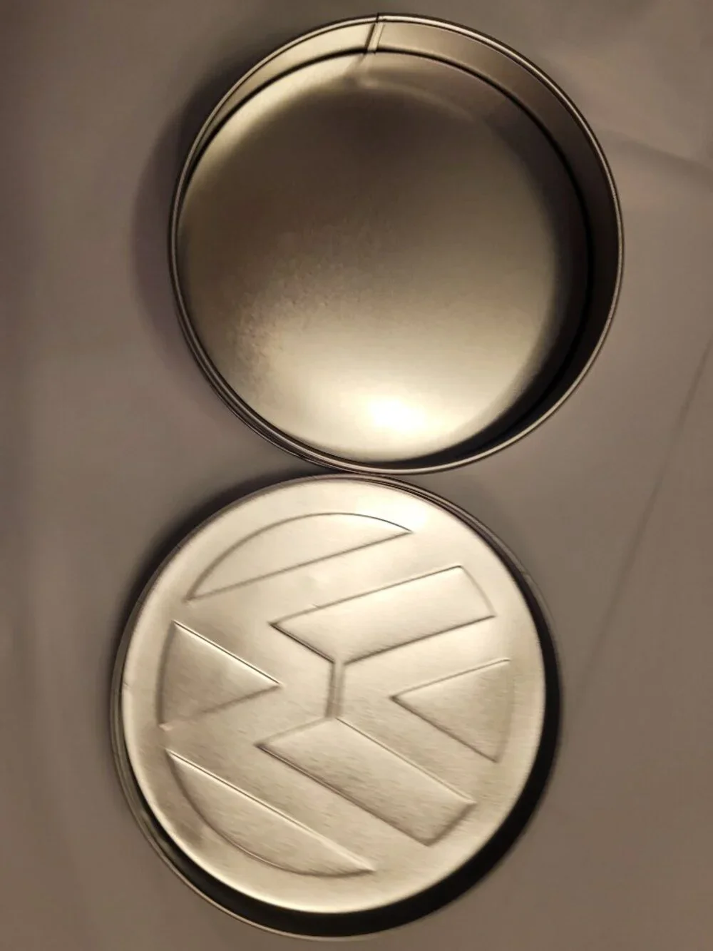 VW Volkswagen Tin Metal Rounf Container Silver & Black